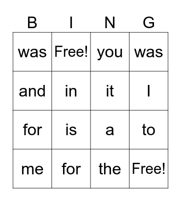 Sight words Bingo Card