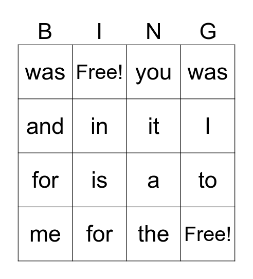 Sight words Bingo Card