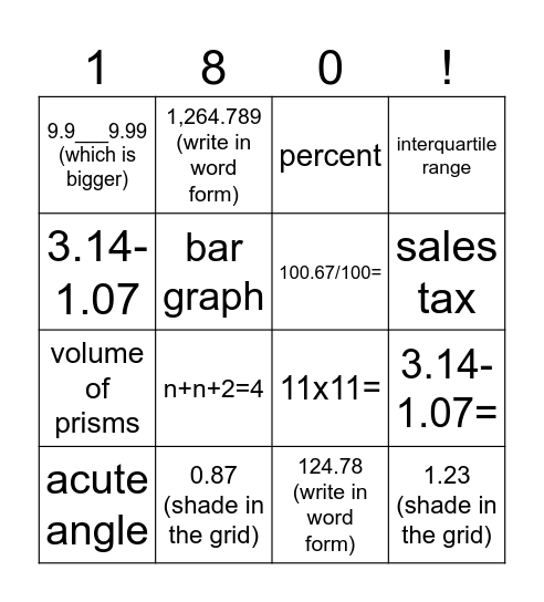 7th Grade Math Bingo Card