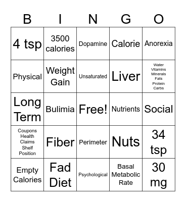 Nutrition Bingo Card