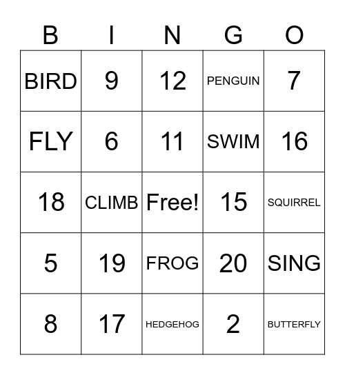 ANIMALS AND NUMBERS Bingo Card