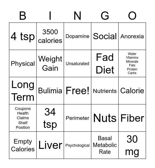 Nutrition Bingo Card