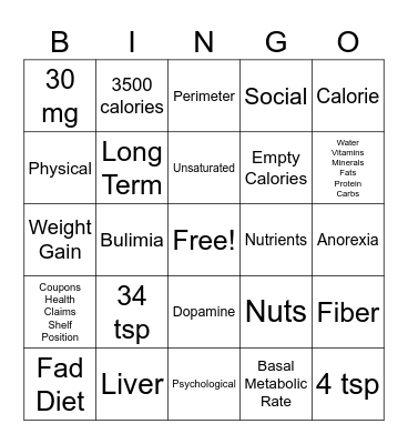 Nutrition Bingo Card