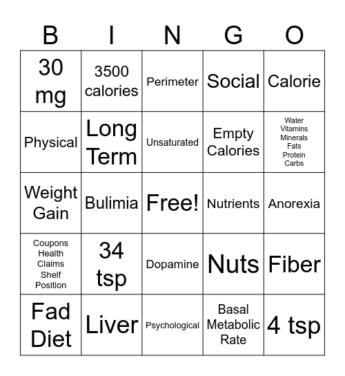 Nutrition Bingo Card