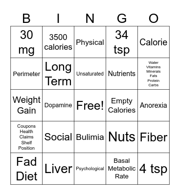 Nutrition Bingo Card