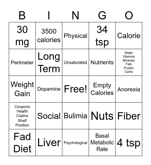 Nutrition Bingo Card