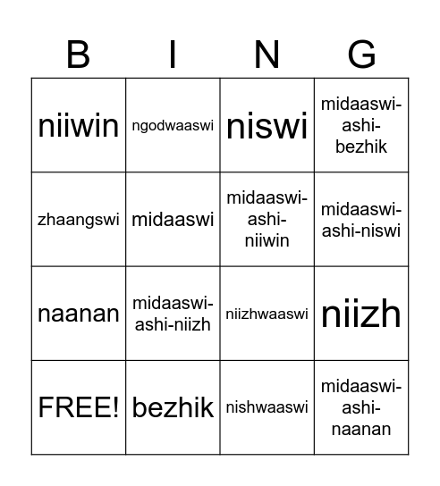 Ojibwe Numbers Bingo Card