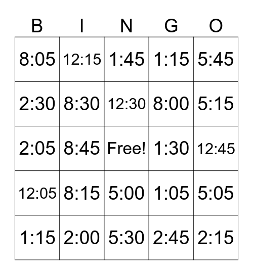 Telling Time Bingo Card