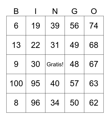 Numeros 1-100 Bingo Card