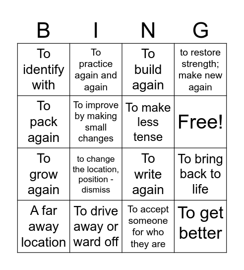 Prefix - "RE" Bingo Card