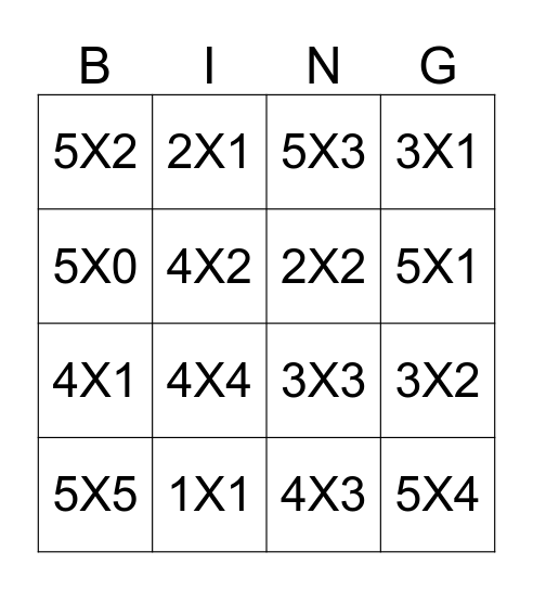 Multiplication Bingo Card