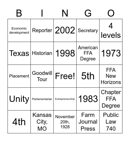 Seymour FFA Bingo Card