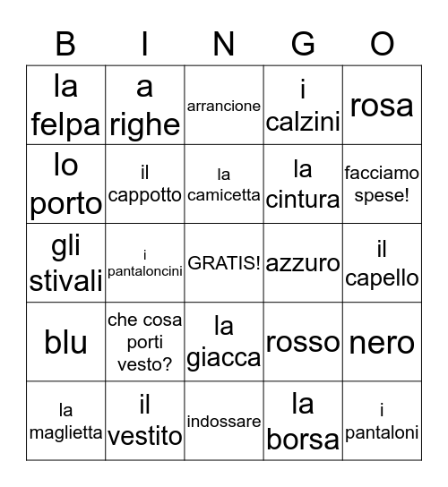 CIAO! CHE COSA PORTI OGGI? Bingo Card