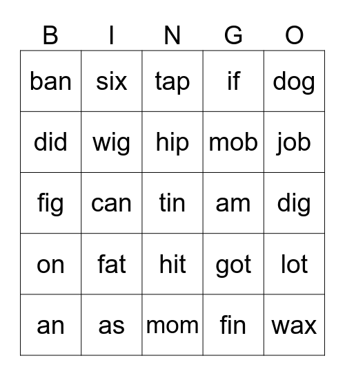 Lesson 38a Bingo Card