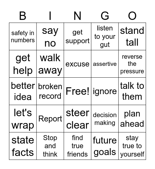 Peer pressure Bingo Card