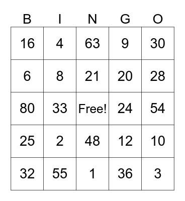 Multiplication Bingo Card