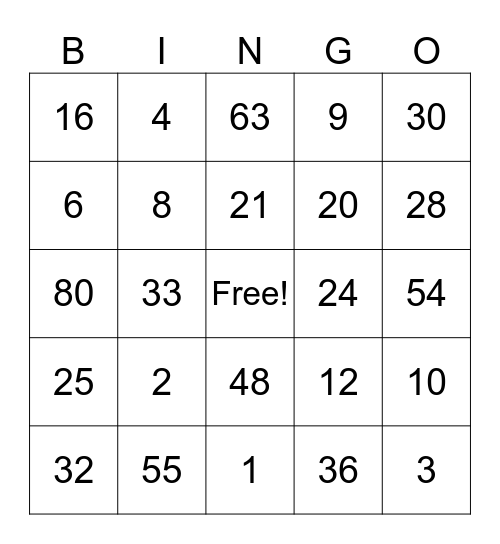 Multiplication Bingo Card