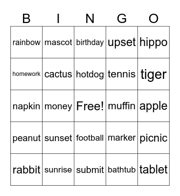 2 Syllable Words Bingo Card