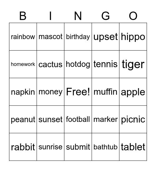 2 Syllable Words Bingo Card
