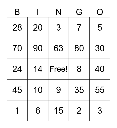 Multiplication Bingo Card