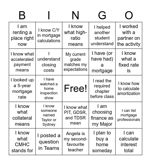 Mortgage Lecture Bingo Card