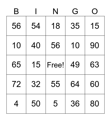 Multiplication Bingo Card