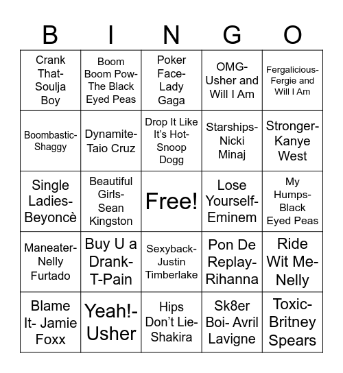Musical Bingo - 2000's Bingo Card