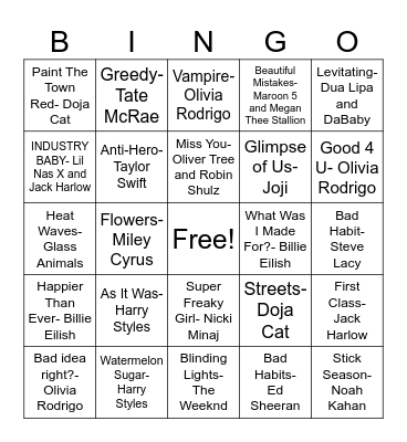 Musical Bingo - Today's Hits Bingo Card