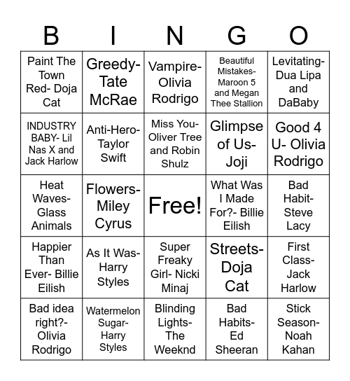 Musical Bingo - Today's Hits Bingo Card