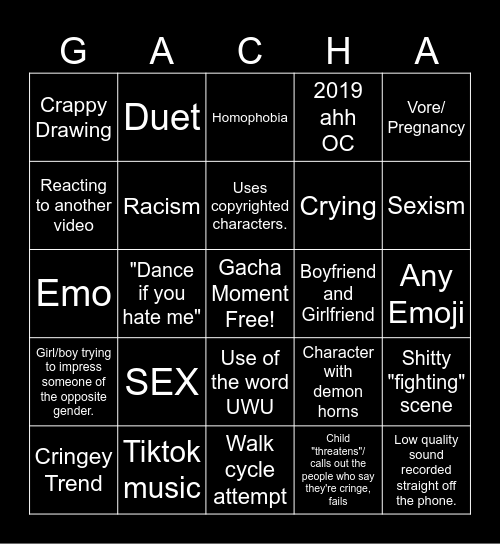 Gacha Cringe Bingo Card