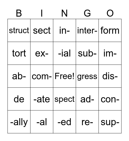 Bingo Morpheme Pack B-1 Bingo Card