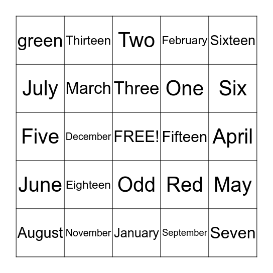 Palabras en Ingles Bingo Card