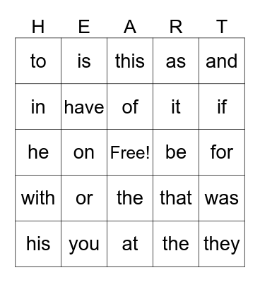 Heart Words Bingo Card