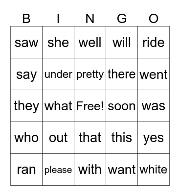 Primer B Bingo Card