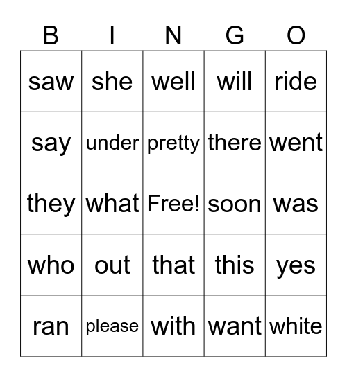 Primer B Bingo Card