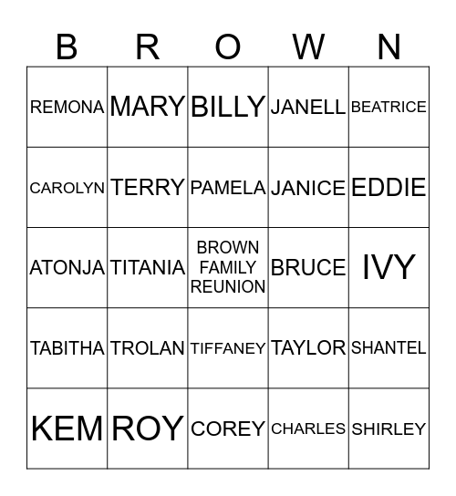 BROWN FAMILY REUNION Bingo Card