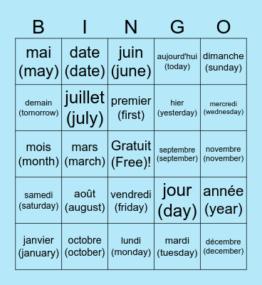 Les mois + Les jours de la semaine Bingo Card