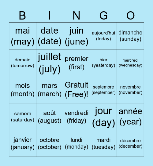 Les mois + Les jours de la semaine Bingo Card