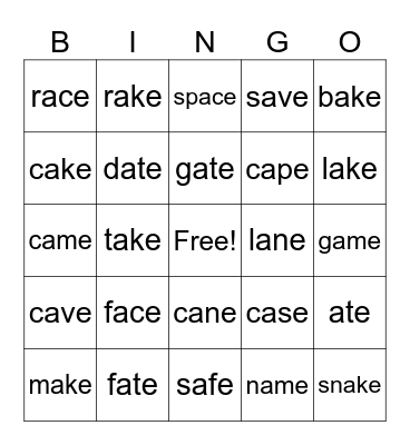 Long a words Bingo Card