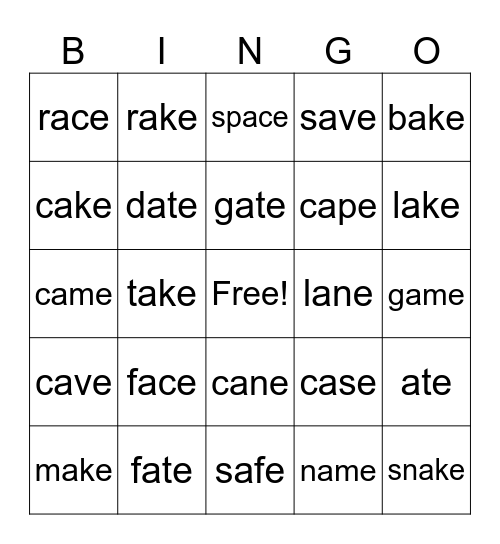 Long a words Bingo Card