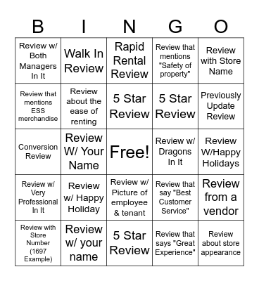 Reviews Bingo Card