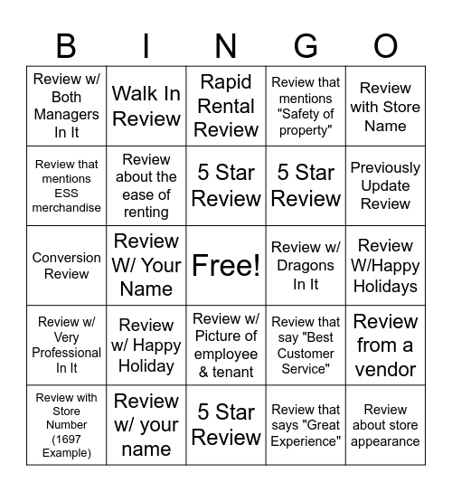 Reviews Bingo Card