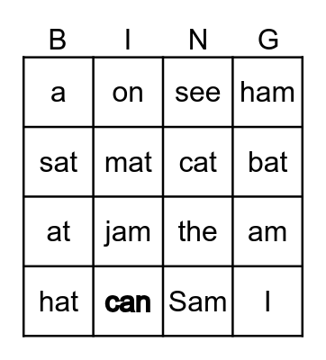Lesson 4 Bingo Card