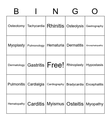 Medical Terminology Bingo Card