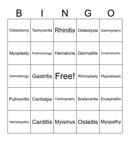 Medical Terminology Bingo Card