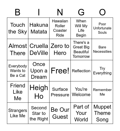Disney Song Bingo Card