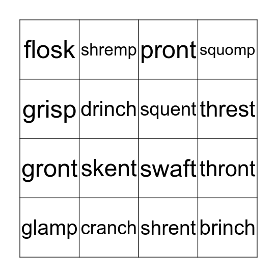 Nonsense Bingo Digraph Blends Bingo Card