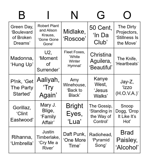00's Hits Bingo Card