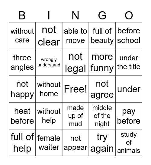 prefix suffix bingo Card