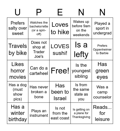 Penn GradHillel Happy Hour: Find someone who... Bingo Card